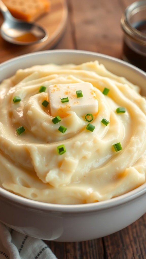 A bowl of creamy mashed potatoes with butter and chives on a rustic table.